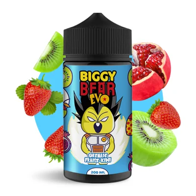 E-liquide Biggy Bear EVO saveur grenade fraise kiwi, bouteille 200ml avec fruits colorés