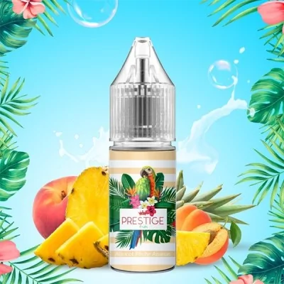 E-liquide tropical Prestige Fruits abricot, pêche, ananas avec fruits et feuilles exotiques