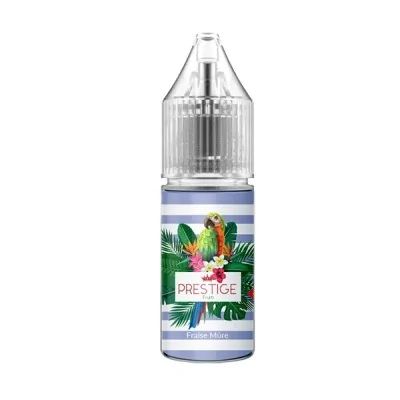 Flacon e-liquide Prestige Fruits Fraise Mûre Salt 10ml avec motif tropical et perroquet