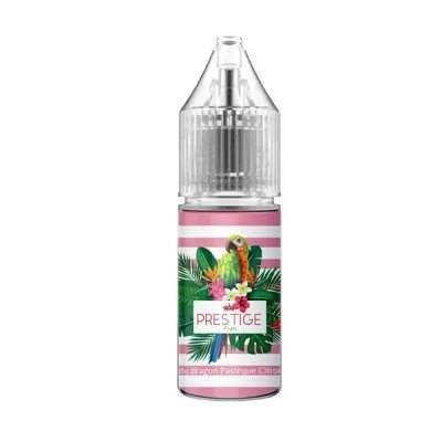 E-liquide tropical Prestige Fruits, bouteille avec étiquette colorée motif perroquet