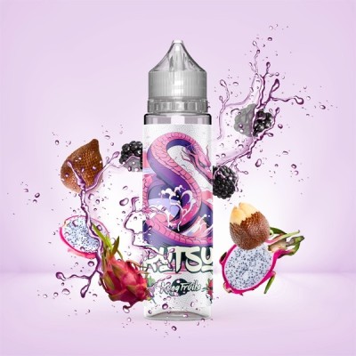 E-liquid bottle with dragon, berries, and tropical fruits splashing, on pink background E-liquid bottle with dragon, berries, and tropical fruits splashing, on pink background