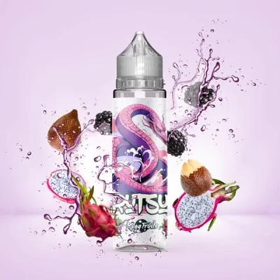 E-liquid bottle with dragon, berries, and tropical fruits splashing, on pink background