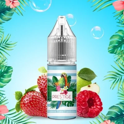 Bouteille de e-liquide Prestige Fruits entourée de fraises, framboises et feuilles tropicales