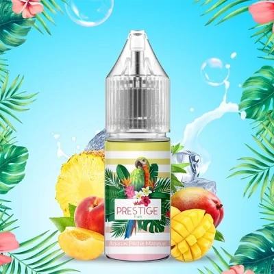 E-liquide tropical Prestige Fruits ananas pêche mangue, flacon avec fruits exotiques