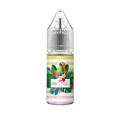 E-liquide Prestige Fruits Ananas Pêche Mangue Salt 10ml, flacon avec étiquette tropicale E-liquide Prestige Fruits Ananas Pêche Mangue Salt 10ml, flacon avec étiquette tropicale