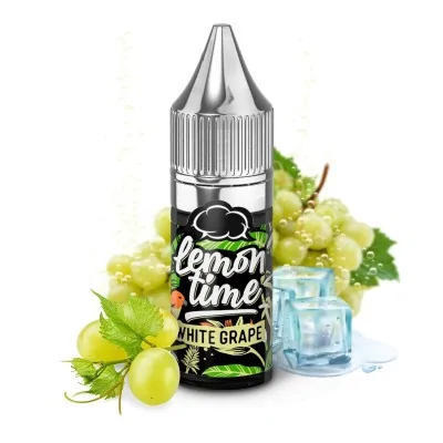 E-liquide Lemon'Time White Grape avec raisins verts, citron et glaçons sur fond blanc