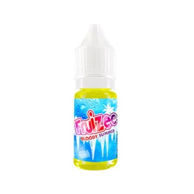 E-liquide Bloody Summer Fruizee 10ml, flacon jaune et bleu avec logo rose, saveur fruitée