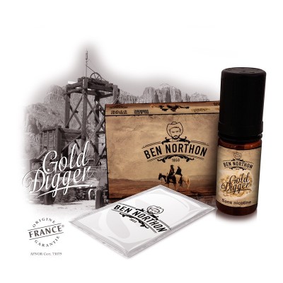 E-liquide Gold Digger Ben Northon 10ml, saveur tabac, avec emballage vintage et décor western E-liquide Gold Digger Ben Northon 10ml, saveur tabac, avec emballage vintage et décor western