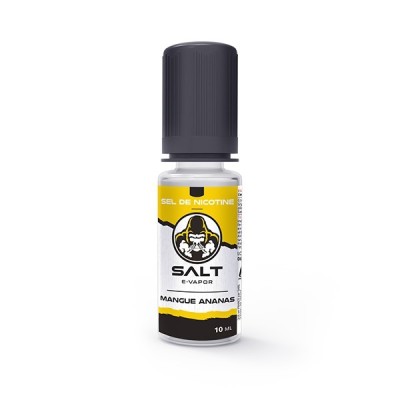E-liquide Salt E-Vapor Mangue Ananas 10ml, flacon blanc et noir avec logo jaune