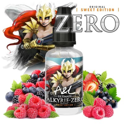 E-liquide Valkyrie Zero Sweet Edition, flacon et fruits rouges, personnage fantastique