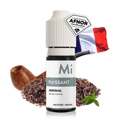 E-liquide MiNiMAL Puissant 10ml avec logo AFNOR, drapeau français, tabac et menthe