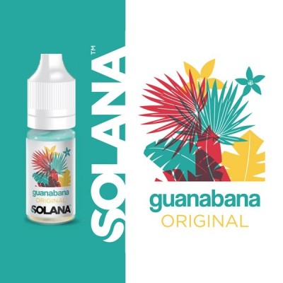 E-liquide Guanabana Solana 10ml, bouteille blanche, logo tropical coloré sur fond turquoise