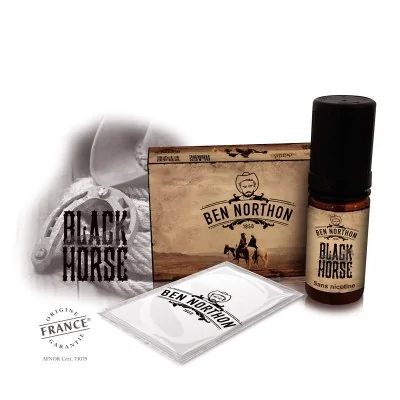 Flacon d'e-liquide Black Horse 10ml de Ben Northon avec emballage et accessoires