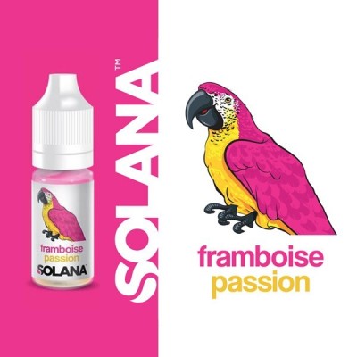 E-liquide Framboise Passion Solana 10ml avec image de perroquet coloré rose et jaune