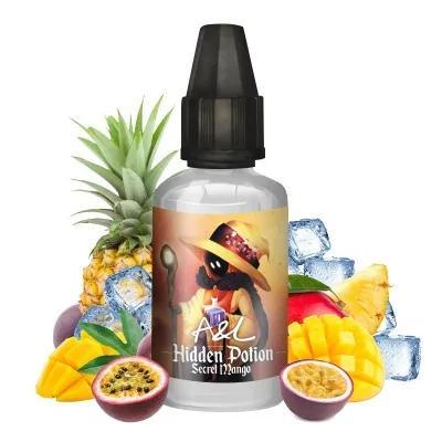 Flacon e-liquide Hidden Potion entouré de fruits exotiques et glaçons, saveur mangue