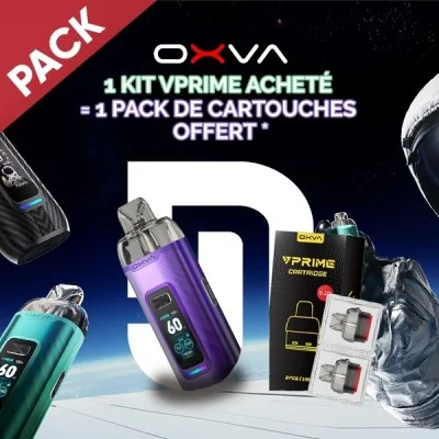 Pack promo OXVA VPrime: kit de vapotage coloré avec cartouches offertes, image publicitaire