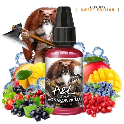 Flacon e-liquide fruité avec ours féroce, fruits et glace, saveur Ragnarok Primal Sweet