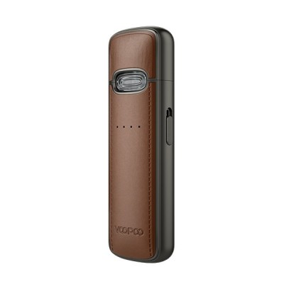 Kit Pod Vmate E Voopoo, appareil de vapotage compact en cuir marron et métal gris Kit Pod Vmate E Voopoo, appareil de vapotage compact en cuir marron et métal gris
