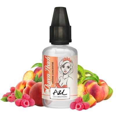 Concentré Queen Peach 30ml avec fruits: pêches, framboises, kiwi. Bouteille avec dessin féminin