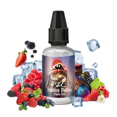 Flacon e-liquide Hidden Potion Mystic Red entouré de fruits rouges, glace et arômes