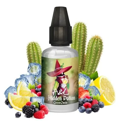 Flacon d'arôme Green Oasis Hidden Potion entouré de cactus, fruits et glaçons