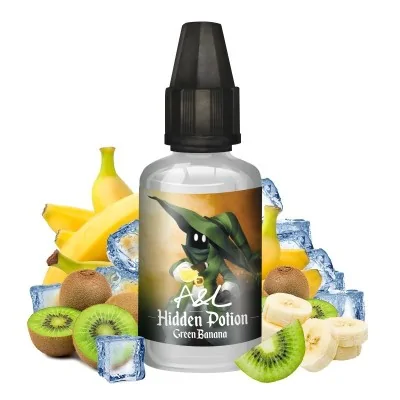 Flacon de e-liquide Hidden Potion Green Banana avec fruits tropicaux et glaçons