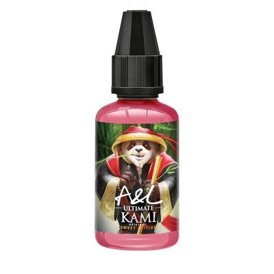 Flacon rose de concentré Kami Sweet Edition Ultimate 30ml avec panda en kimono sur l'étiquette Flacon rose de concentré Kami Sweet Edition Ultimate 30ml avec panda en kimono sur l'étiquette