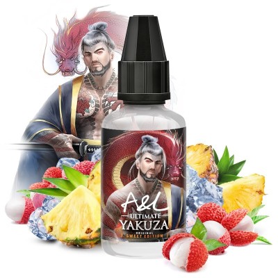 Flacon d'arôme Yakuza Sweet Edition entouré de fruits exotiques et d'un motif asiatique