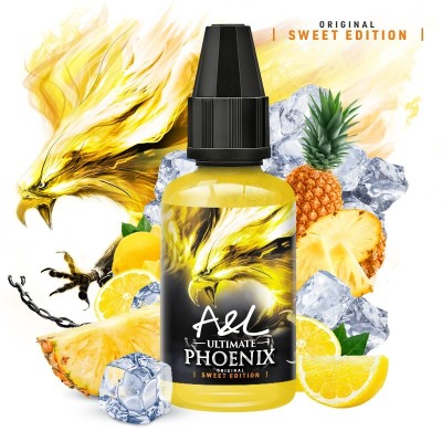 Flacon concentré Phoenix Sweet Edition avec fruits exotiques et glaçons, design dynamique