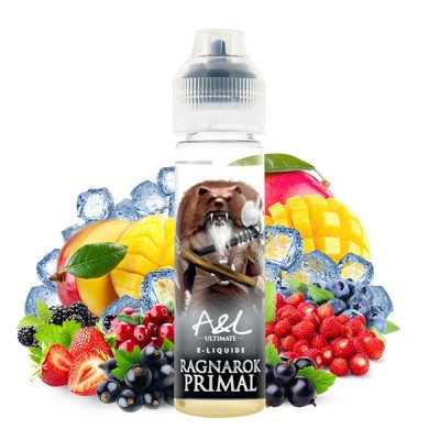 E-liquide Ragnarok Primal avec fruits frais, glace et image de chien sur la bouteille