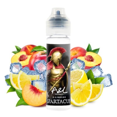 E-liquide Spartacus aux fruits avec glace, bouteille entourée de pêches et citrons