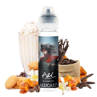 E-liquide Alucard : milkshake, café, caramel et épices sur fond de bouteille et ingrédients