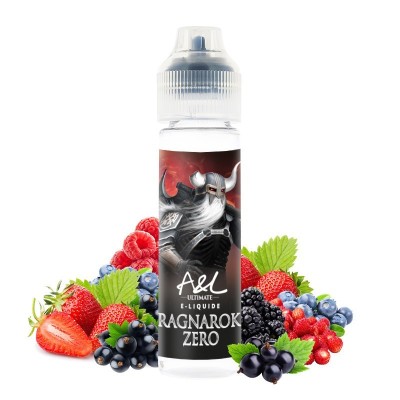 E-liquide Ragnarok Zero avec fruits rouges, myrtilles et feuilles vertes autour du flacon