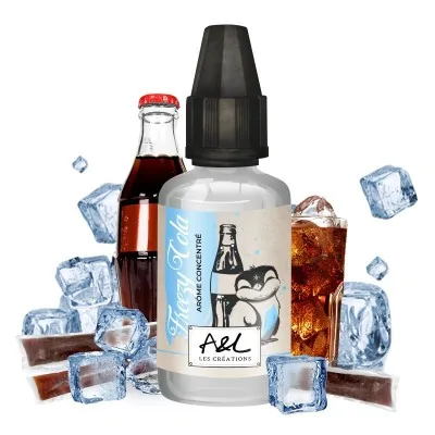 Concentré Freezy Cola 30ml avec bouteille, verre de cola glacé et glaçons pour e-liquide