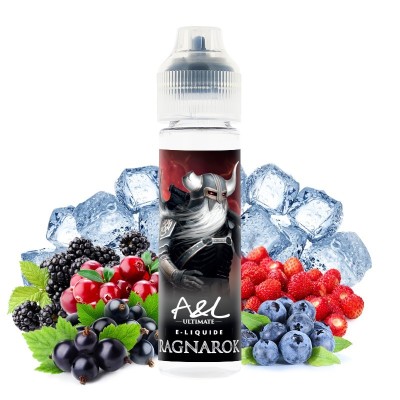 E-liquide Ragnarok fruits rouges frais avec glaçons, bouteille et fruits illustrés E-liquide Ragnarok fruits rouges frais avec glaçons, bouteille et fruits illustrés