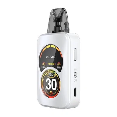 Kit Pod Argus A 1100mAh Voopoo blanc avec écran circulaire coloré affichant 30W