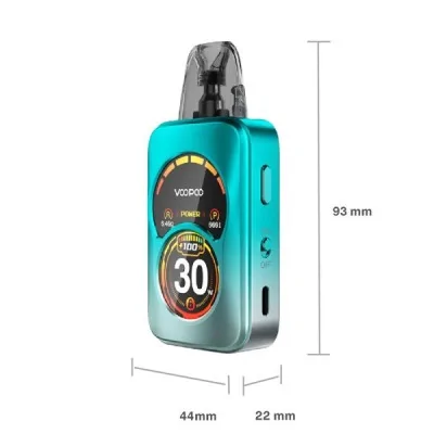 Kit Pod Argus A 1100mAh Voopoo turquoise avec écran LED, dimensions 93x44x22mm