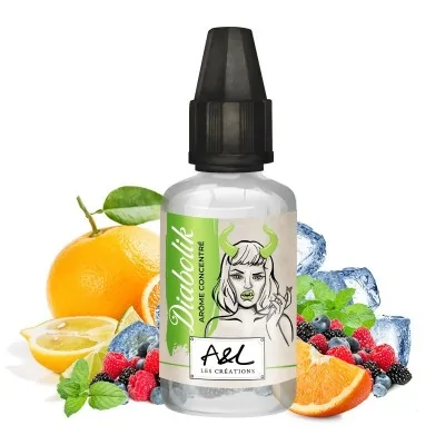 Concentré Diabolik 30ml avec fruits, baies et glaçons, étiquette verte et blanche A&L