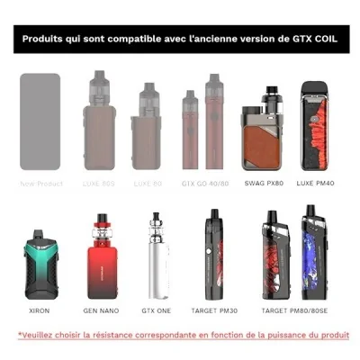 Compatibilité des produits avec l'ancienne version GTX COIL, variété de modèles vapotage