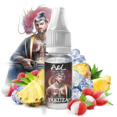 E-liquide Yakuza fruits exotiques, glace, dragon rouge, homme tatoué, bouteille A&L E-liquide Yakuza fruits exotiques, glace, dragon rouge, homme tatoué, bouteille A&L