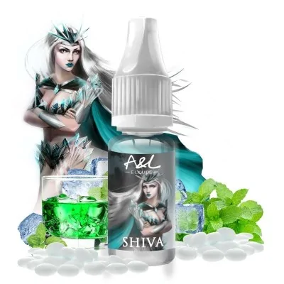 E-liquide Shiva avec illustration de déesse, bouteille, glaçons et menthe pour saveur fraîche E-liquide Shiva avec illustration de déesse, bouteille, glaçons et menthe pour saveur fraîche