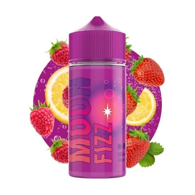 Bouteille violette Moon Fizz entourée de fraises, framboises et citrons sur fond violet Bouteille violette Moon Fizz entourée de fraises, framboises et citrons sur fond violet
