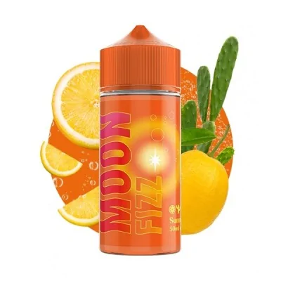 E-liquide Moon Fizz aux agrumes avec bouteille orange, citrons et feuilles vertes E-liquide Moon Fizz aux agrumes avec bouteille orange, citrons et feuilles vertes