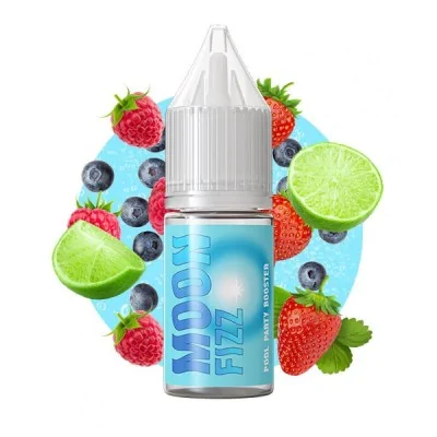 Flacon e-liquide Moon Fizz entouré de fruits : fraises, myrtilles et citron vert