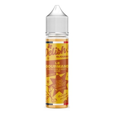 Flacon e-liquide Delish Le Gourmand 50ml de Liquideo, saveur gourmande jaune orangé