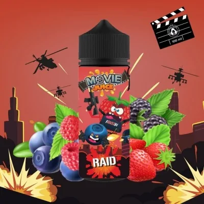 E-liquid Movie Juice Raid avec fruits rouges, hélicoptères et clap cinéma sur fond rouge