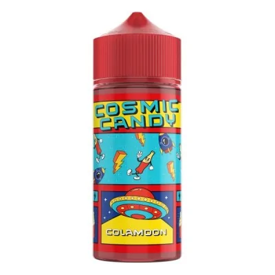 Flacon rouge de e-liquide Colamoon Cosmic Candy, design coloré avec fusées et éclairs Flacon rouge de e-liquide Colamoon Cosmic Candy, design coloré avec fusées et éclairs