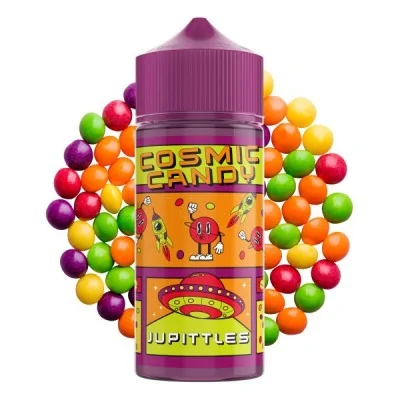 Flacon violet Cosmic Candy Jupittles entouré de bonbons colorés, thème spatial ludique Flacon violet Cosmic Candy Jupittles entouré de bonbons colorés, thème spatial ludique