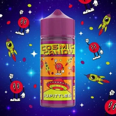 E-liquide Cosmic Candy Jupittles, design spatial avec fusées et bonbons sur fond étoilé E-liquide Cosmic Candy Jupittles, design spatial avec fusées et bonbons sur fond étoilé