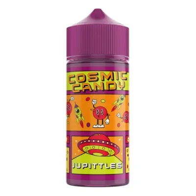 Flacon violet de e-liquide Jupittles Cosmic Candy avec design coloré d'OVNI et bonbons Flacon violet de e-liquide Jupittles Cosmic Candy avec design coloré d'OVNI et bonbons